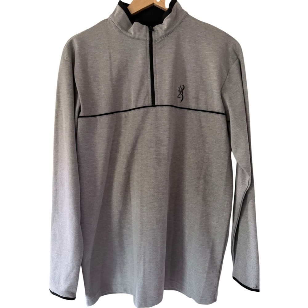 Browning Mens Medium 1/4 Zip Pullover Jacket Gray Black Buckmark Logo Tech Fleec